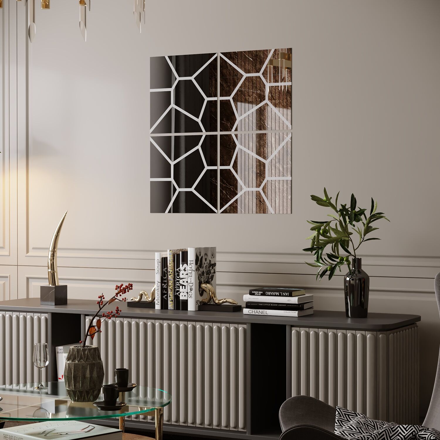 FİYA 4 Parça Dekoratif Desenli Ayna Takımı