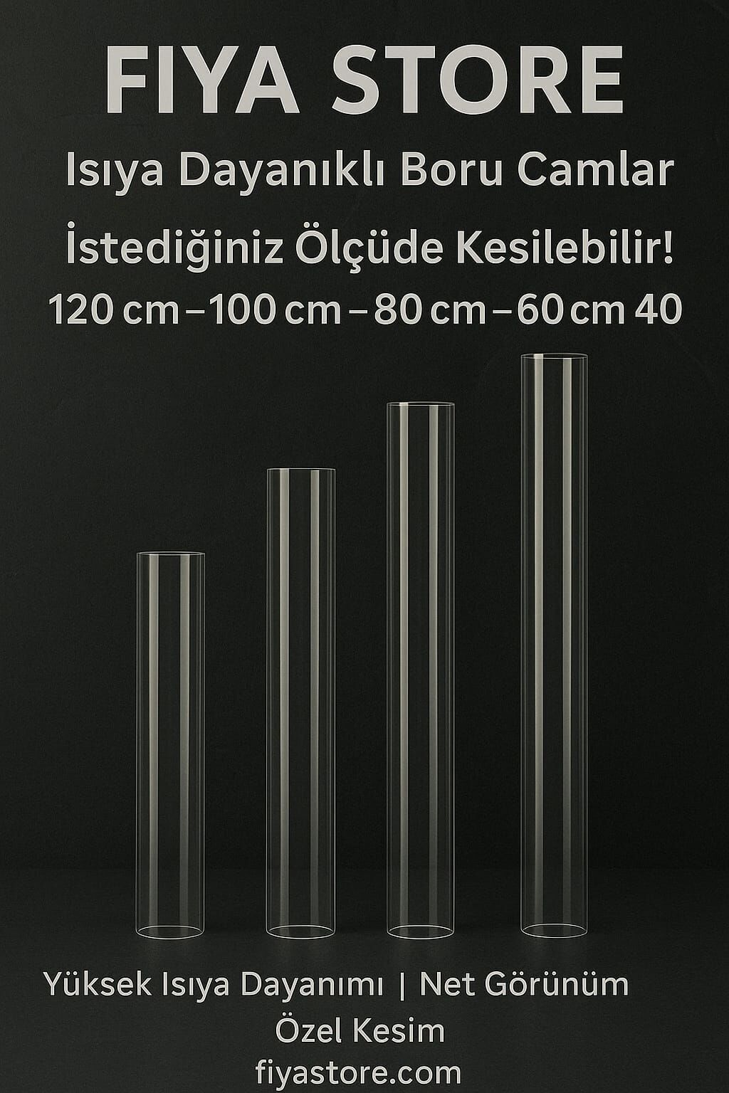 FIYA STORE Isıya Dayanıklı Silindir Boru Cam – Şeffaf, 10 cm Çap, Yedek Cam Tüp - Özel ölçü