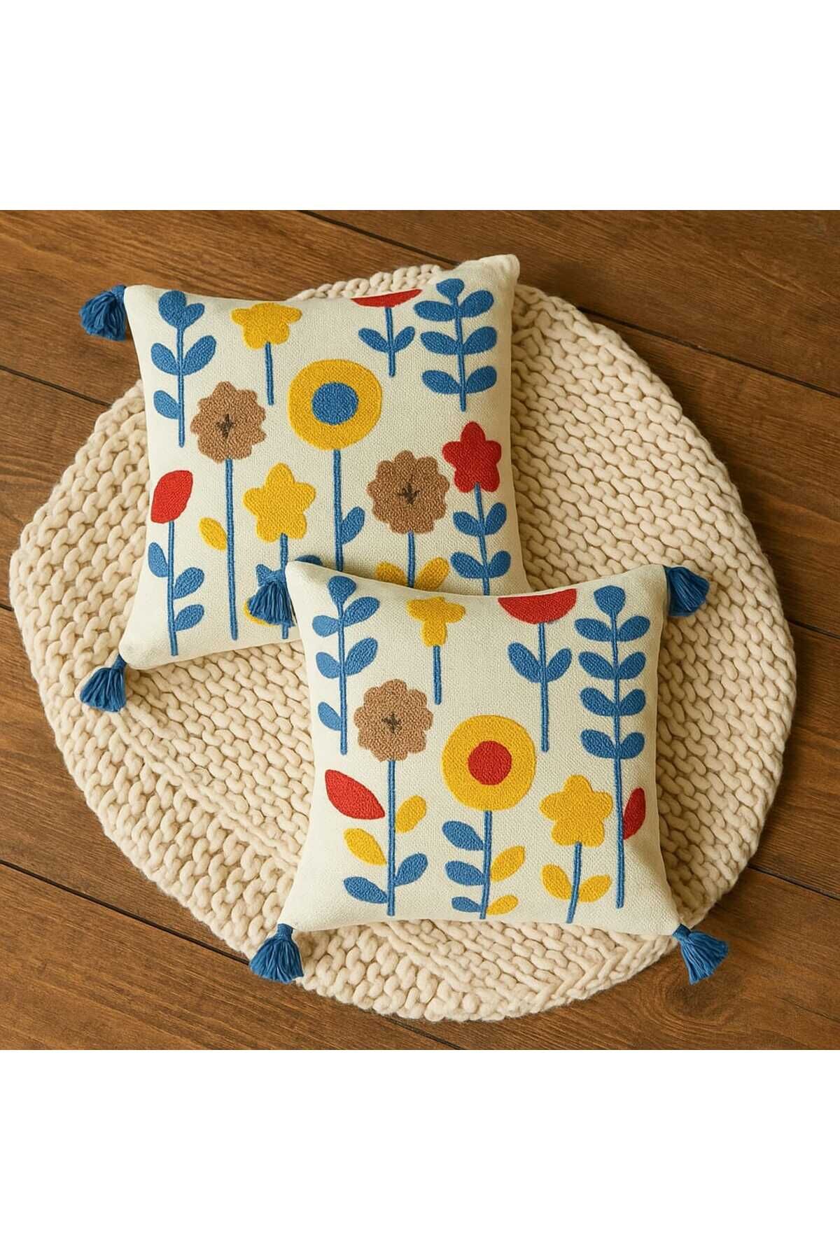 FİYA - 43x43 Punch El İşlemeli Çiçek Desenli Renkli 2'li Set - Dekoratif Yastık Kılıfı