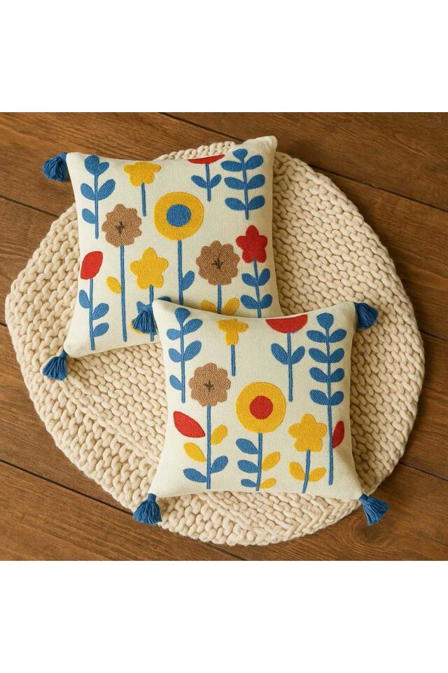 FİYA - 43x43 Punch El İşlemeli Çiçek Desenli Renkli 2'li Set - Dekoratif Yastık Kılıfı