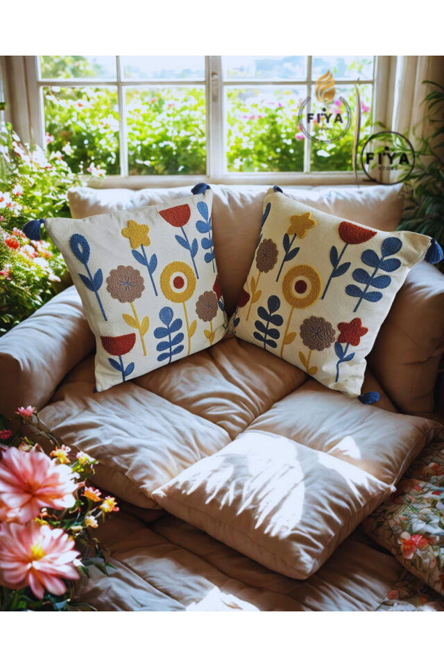 FİYA - 43x43 Punch El İşlemeli Çiçek Desenli Renkli 2'li Set - Dekoratif Yastık Kılıfı