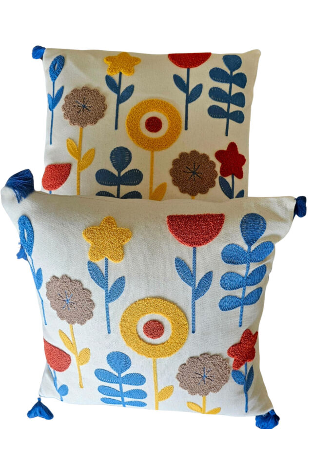 FİYA - 43x43 Punch El İşlemeli Çiçek Desenli Renkli 2'li Set - Dekoratif Yastık Kılıfı