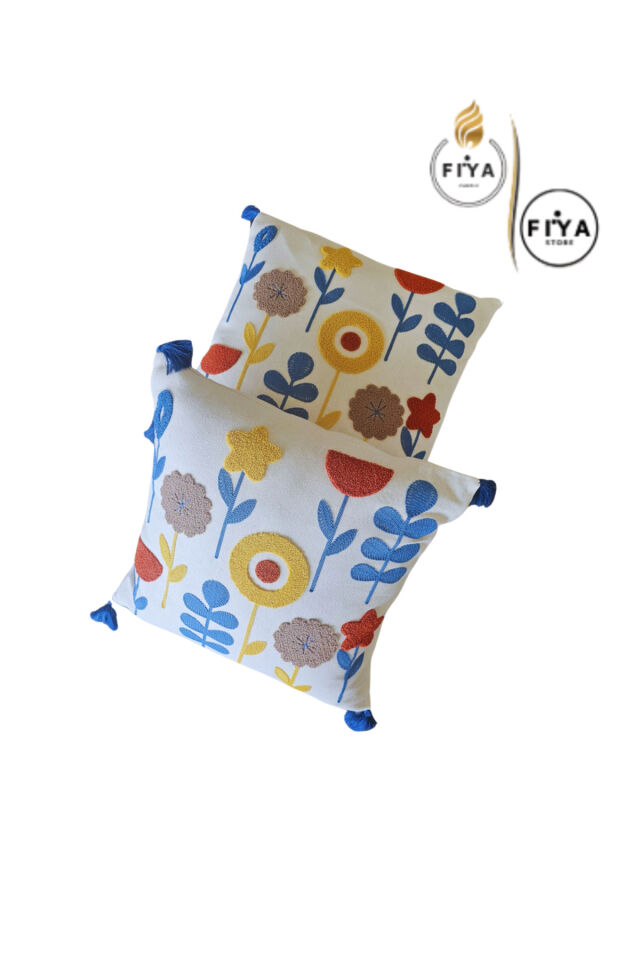 FİYA - 43x43 Punch El İşlemeli Çiçek Desenli Renkli 2'li Set - Dekoratif Yastık Kılıfı