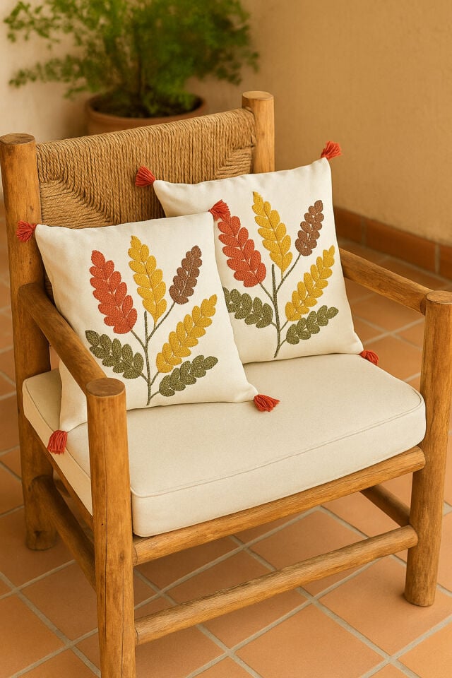 43x43 Cm El Yapımı Yaprak Desenli Kabartmalı Kırlent Kılıfı 2’li Set – Dekoratif Yastık Kılıfı