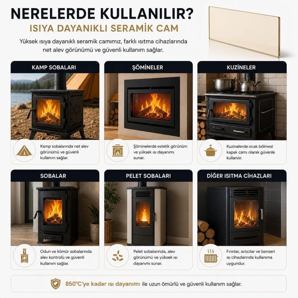 14.5 x 7.5 Yüksek Isıya Dayanıklı Bronz Şömine/Soba/Kuzine Camı