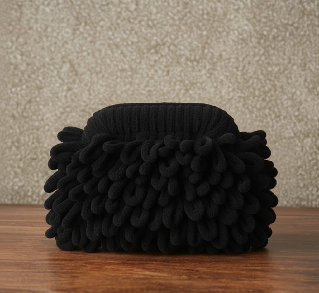 Fiya Komala Siyah El Yapımı Örgü Çanta – Asaletin ve Gücün Simgesi   “Sade gücün en zarif hâli”