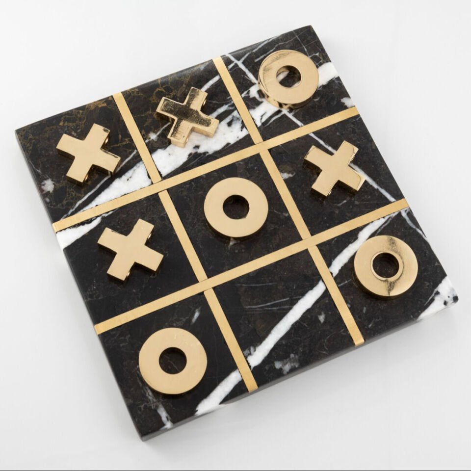 Aurex Tic Tac Toe – Lüks Mermer ve Pirinç XOX Strateji Oyunu - El Yapımı Koleksiyon Ürünü